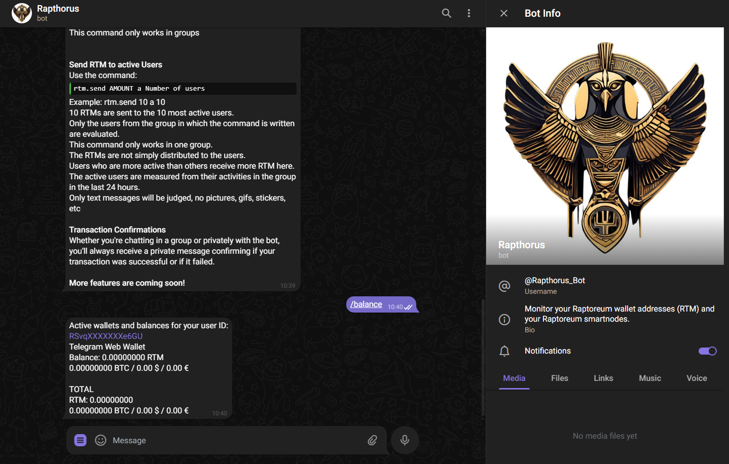 Telegram bot showing partial RTM address with external explorer link