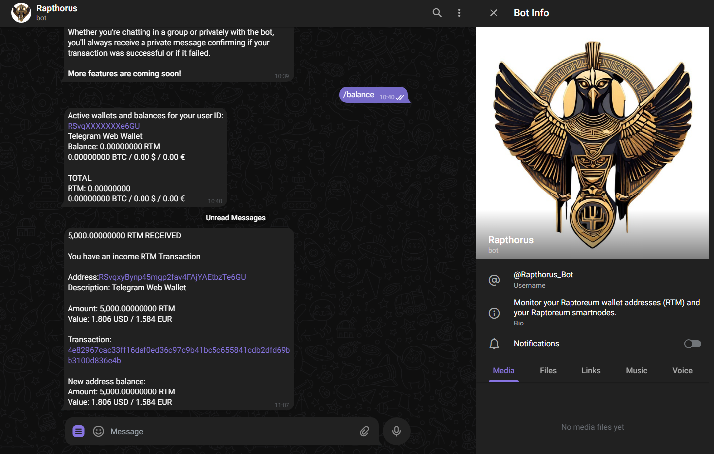 Raptoreum Telegram Bot - Wallet Balance and RTM Transfer External wallet sending 5000 RTM to Telegram address