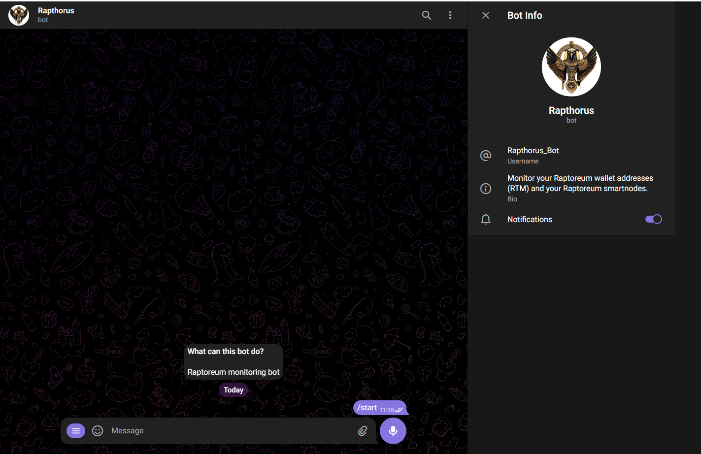 Raptoreum Bot - Command Menu Interface Command menu of Raptoreum Telegram bot interface