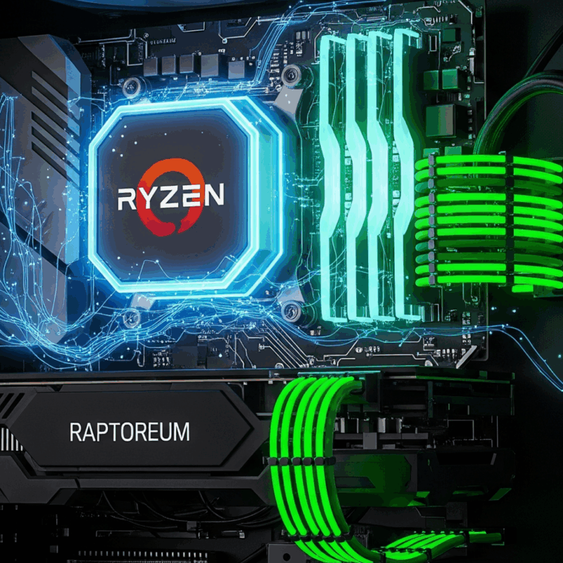 Ryzen CPU mining Raptoreum (RTM) in a futuristic, high-tech environment with glowing circuits.